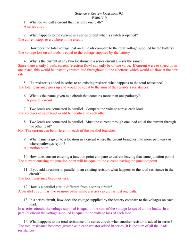 Sci 9 Review Worksheet 91 Series And Parallel Circuits With Answers