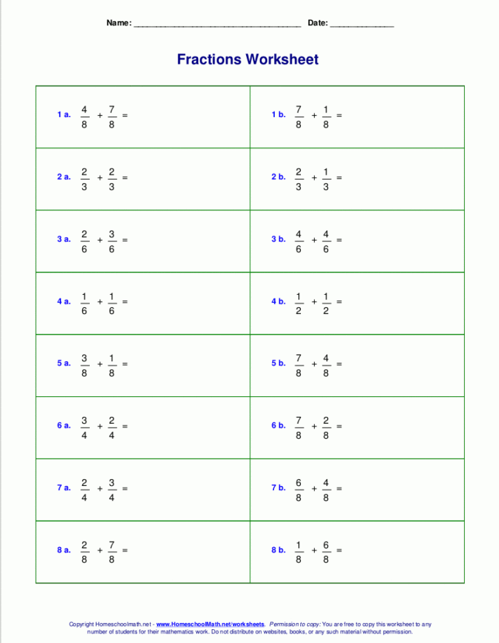 Adding Fractions Different Denominators Worksheets