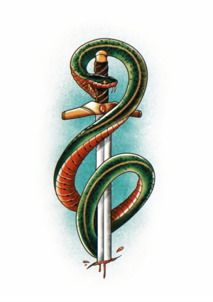 Snake on Trebleclef wrapped around sword Tattoo | Tattoo Design by Omelas