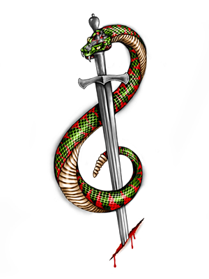 Snake on Trebleclef wrapped around sword Tattoo | Tattoo Design by Jezzus