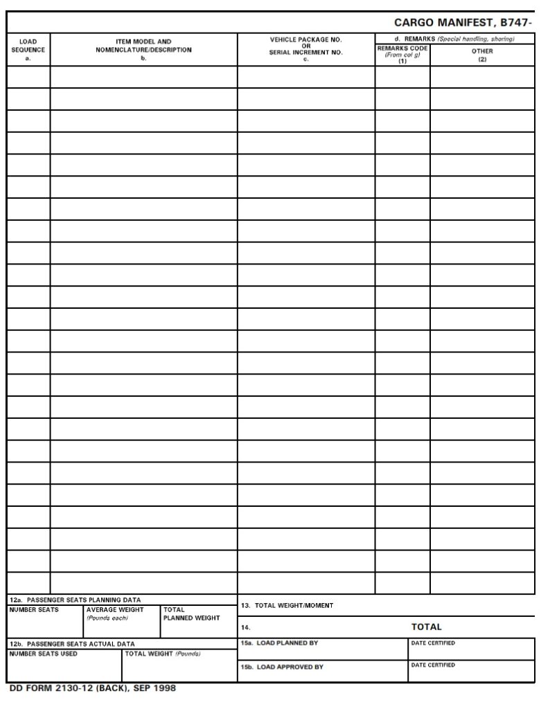 DD Form 2130-12 – B747-100F/200C/200F Cargo Manifest - DD Forms