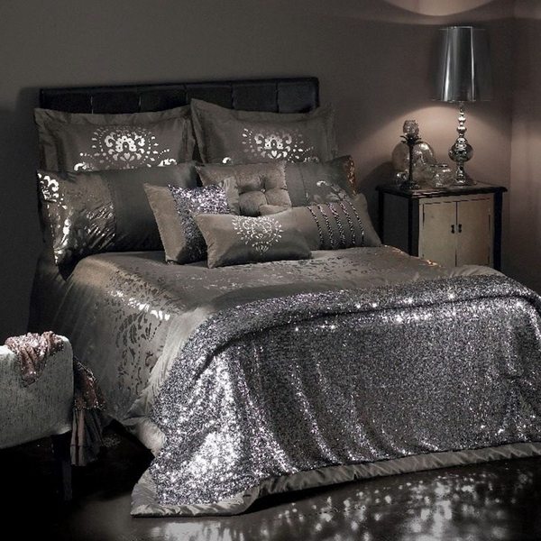 Elegant duvet cover silver luxury duvet dark wall wood side table