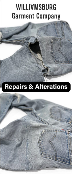 Before and after photo of denim repairs on women's Levi's jeans serviced by Williamsburg Garment Company alterations.