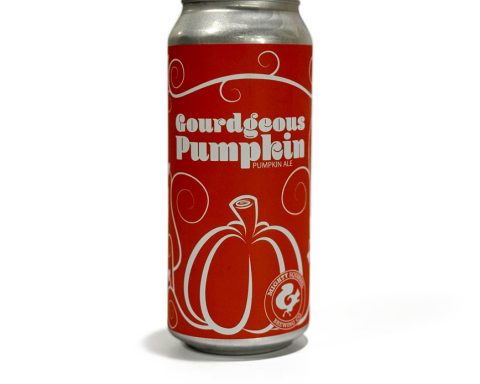 The product is a 16-ounce can of Gourdgeous Pumpkin Ale by Mighty Squirrel Brewing Co., which features orange packaging with white pumpkin illustrations against a white background.