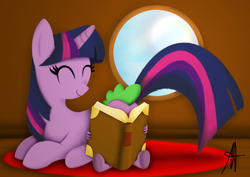 Size: 1674x1184 | Tagged: safe, artist:ardas91, artist:metaldrakon, spike, twilight sparkle, dragon, pony, unicorn, g4, book, cute, duo, eyes closed, female, male, mare, mirror, prone, reading, rug, signature, sitting, smiling, twiabetes, unicorn twilight