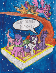 Size: 632x824 | Tagged: safe, artist:gojira007, coco pommel, daring do, princess cadance, rarity, twilight sparkle, oc, oc:bookish, g4, traditional art