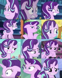 Size: 438x544 | Tagged: safe, edit, screencap, starlight glimmer, pony, unicorn, g4, my little pony: friendship is magic, the crystalling, blushing, collage, crystal empire, cute, cutie mark, discovery family, discovery family logo, faic, female, floppy ears, glimmerbetes, grin, hair flip, horn, lip bite, mare, nervous, smiling, the many faces of starlight glimmer, train, twilight's castle, watermark