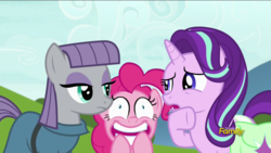 Size: 1920x1080 | Tagged: safe, screencap, maud pie, pinkie pie, starlight glimmer, earth pony, pony, g4, my little pony: friendship is magic, rock solid friendship, discovery family logo, faic, saddle bag