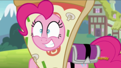 Size: 1920x1080 | Tagged: safe, screencap, pinkie pie, earth pony, pony, g4, my little pony: friendship is magic, rock solid friendship, discovery family logo, faic, female, mare, pizza head, solo