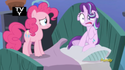 Size: 914x512 | Tagged: safe, screencap, pinkie pie, starlight glimmer, pony, g4, my little pony: friendship is magic, rock solid friendship, derp, discovery family logo, faic, floppy ears, starlight's room, tv-y