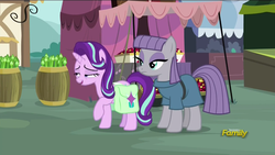 Size: 1366x768 | Tagged: safe, screencap, maud pie, starlight glimmer, earth pony, pony, g4, my little pony: friendship is magic, rock solid friendship, discovery family logo, faic, great moments in animation, saddle bag