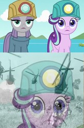 Size: 640x971 | Tagged: safe, edit, edited screencap, editor:iexist1, screencap, maud pie, starlight glimmer, human, g4, my little pony: friendship is magic, rock solid friendship, discovery family logo, faic, flashback, headlamp, helicopter, helmet, i've seen some shit, irl, irl human, meme, mining helmet, photo, ptsd glimmer, thousand yard stare, vietnam, vietnam flashback, vietnam war, war