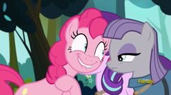 Size: 1279x717 | Tagged: safe, screencap, maud pie, pinkie pie, starlight glimmer, earth pony, pony, unicorn, g4, my little pony: friendship is magic, rock solid friendship, angry, discovery family logo, female, lip bite, mare