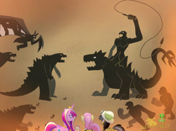 Size: 1033x774 | Tagged: safe, artist:lordshrekzilla20, daring do, fluttershy, princess cadance, ape, gorilla, kaiju, fanfic:a king to a god, g4, godzilla, godzilla (series), hieroglyphics, monsterverse, mothra, shimo, skar king