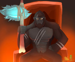 Size: 984x812 | Tagged: safe, artist:lordshrekzilla20, ape, gorilla, kaiju, fanfic:a king to a god, axe, barely pony related, king kong, throne, weapon