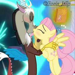 Size: 1280x1280 | Tagged: safe, editor:daughteroffluttercord, discord, fluttershy, g4, my little pony: friendship is magic, the last problem, bag, female, flower, flower in hair, kissing, lunch bag, male, older, older fluttershy, portal, ship:discoshy, shipping, signature, straight