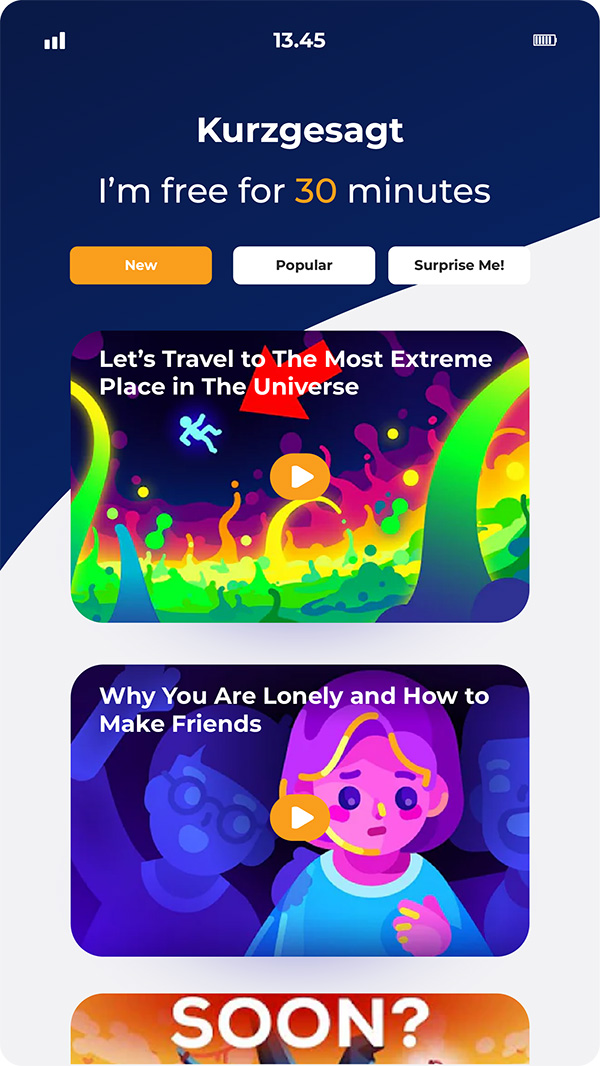 Kurzgesagt mobile app home screen showing video playlist