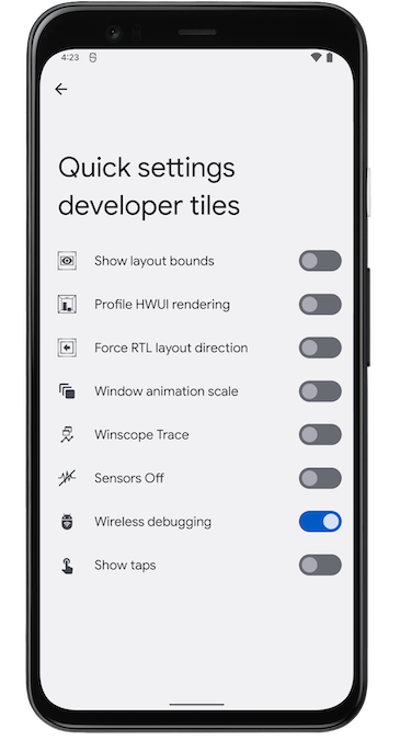 Screenshot von
            Kacheln für Schnelleinstellungen für Entwickler auf einem Google Pixel