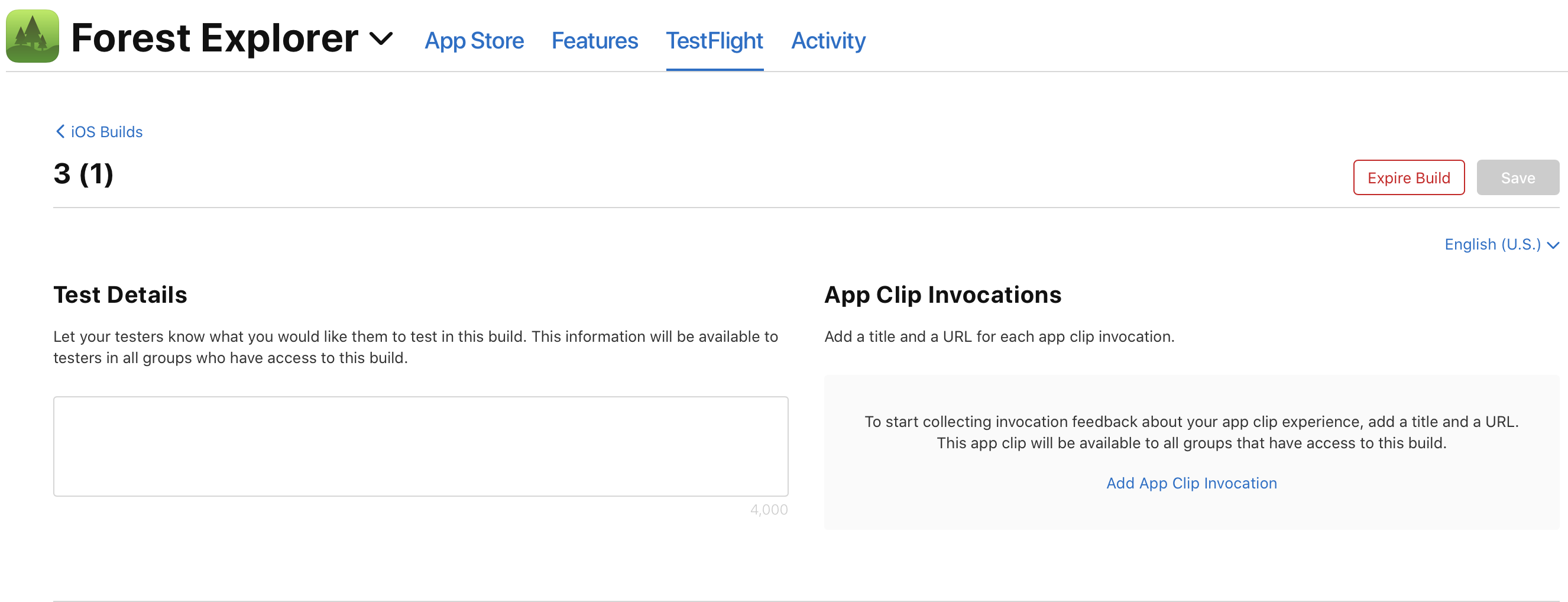 On the Build detail page, the App Clip Invocations section has a clickable "Add App Clip Invocation" link.