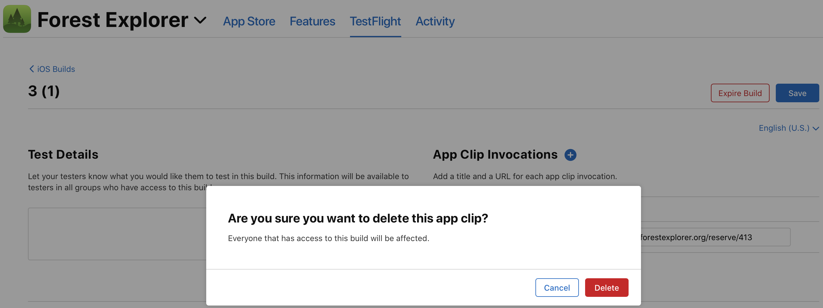 The &quotAre you sure you want to delete this app clip?" dialog has a "Cancel" and "Delete" buttons.