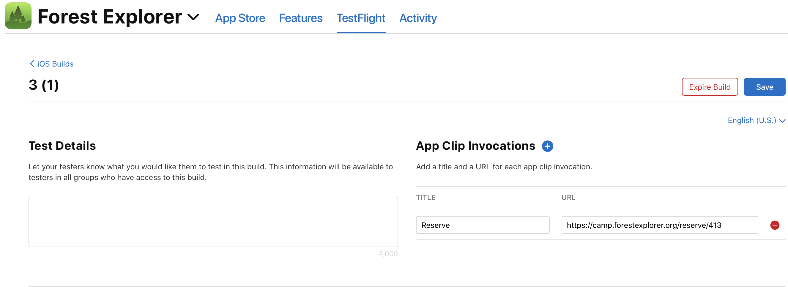 On the Build detail page, the App Clip Invocations section lists the app clip invocations you’ve added, with a "Delete" button is displayed next to each.