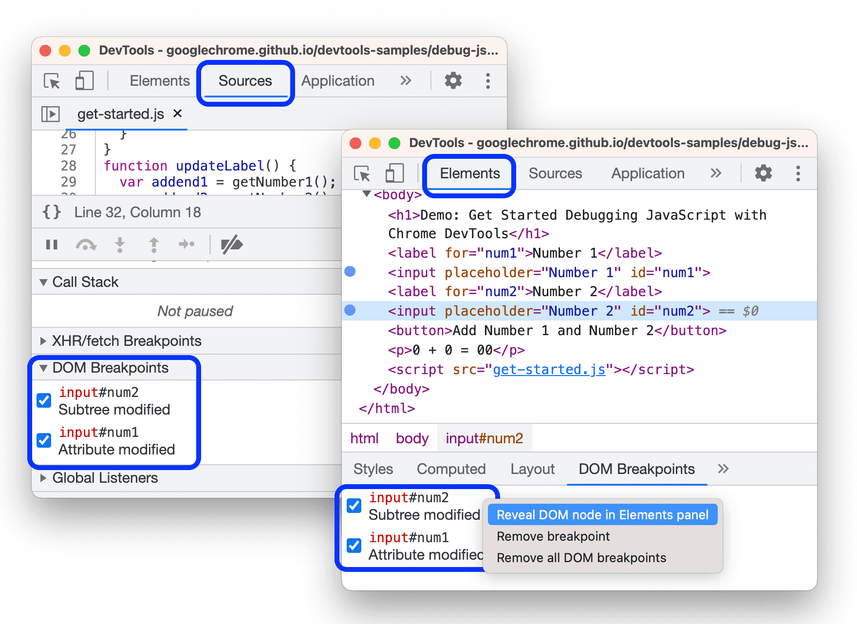 Lists of DOM Breakpoints in the Elements and Sources panels.