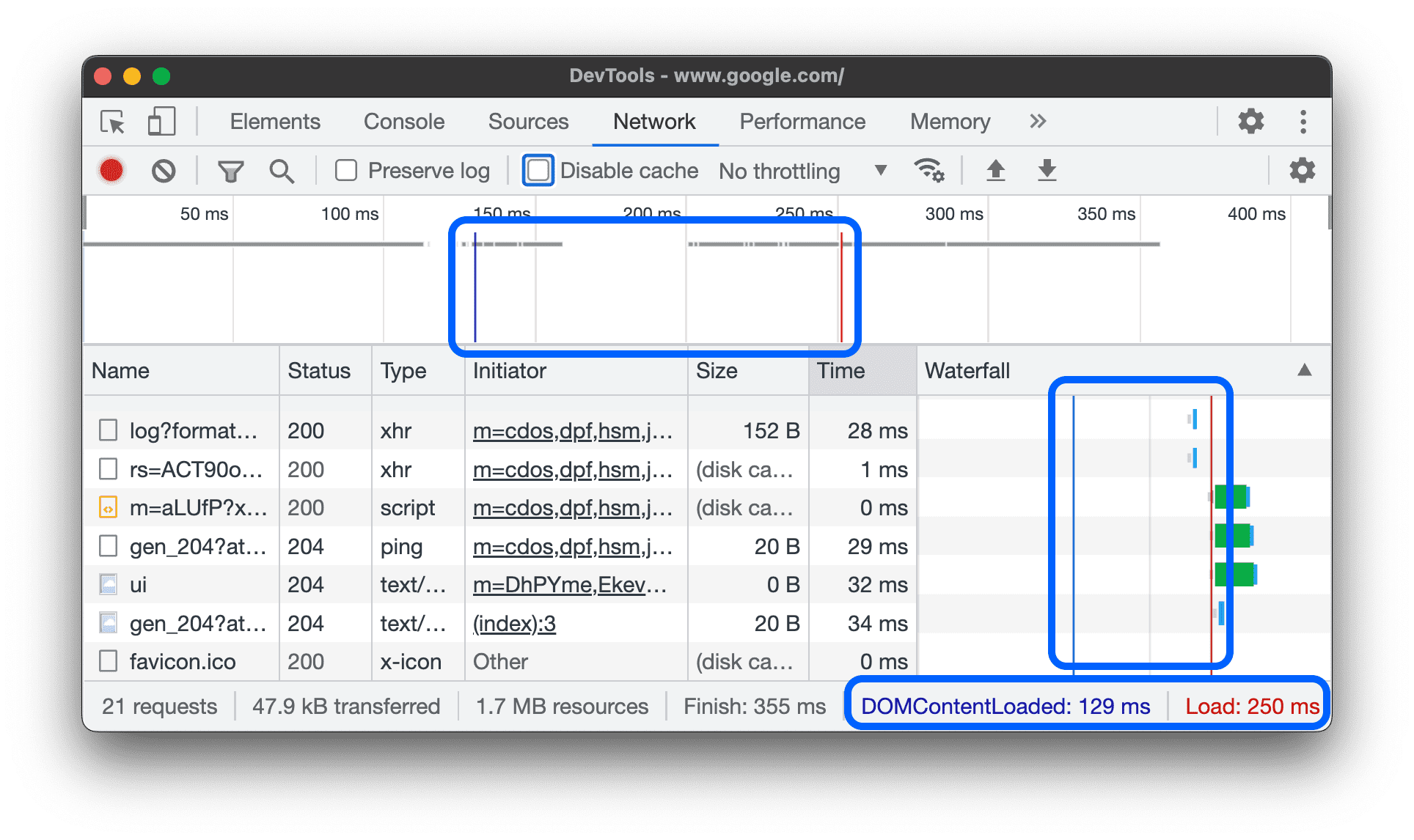 DOMContentLoaded 和「Network」面板中載入事件的位置。