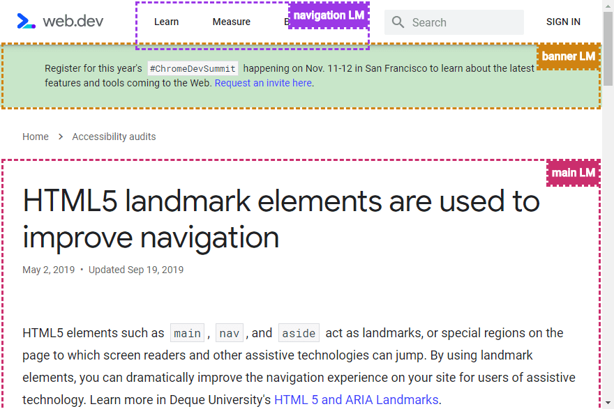 Captura de pantalla de web.dev con puntos de referencia destacados con la extensión Estadísticas de accesibilidad