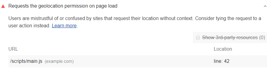 Lighthouse audit showing geolocation request on page load