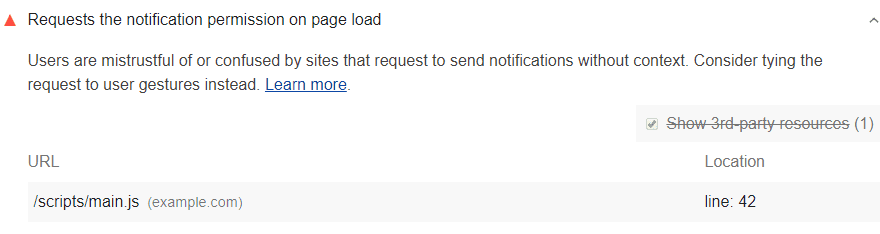 L&#39;audit Lighthouse indique que la page demande des autorisations de notification lors du chargement