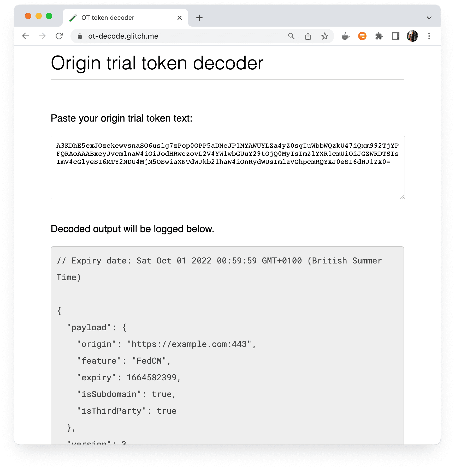 Origin trial decoder tool, showing decoded origin trial values.