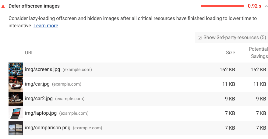 Een screenshot van de Lighthouse Defer-audit van offscreen-afbeeldingen