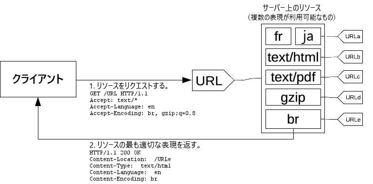 コンテンツタイプを推奨するヘッダーを持つ URL をリクエストされたクライアント。サーバーは URL で表される複数のリソースを持っており、クライアントのリクエストヘッダーを尊重しながら、推奨する言語のコンテンツを返送し、リクエスト本体を圧縮します。