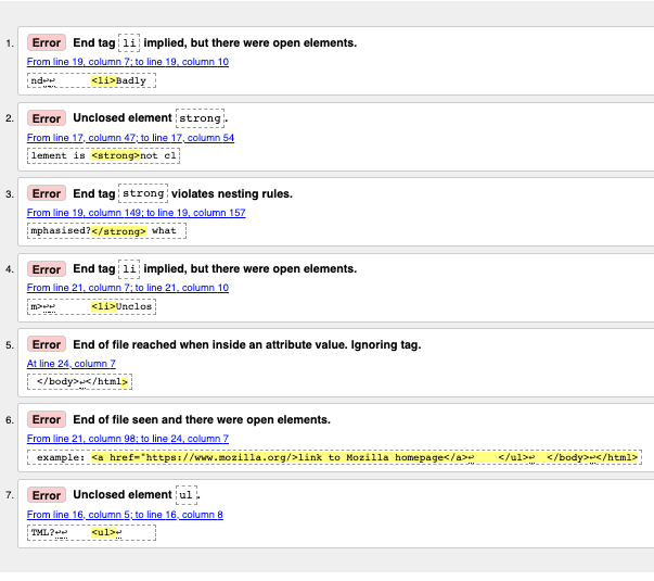 A list of of HTML validation results from the W3C markup validation service