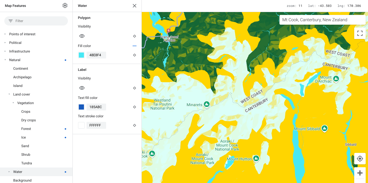 Map showing water map features are aqua