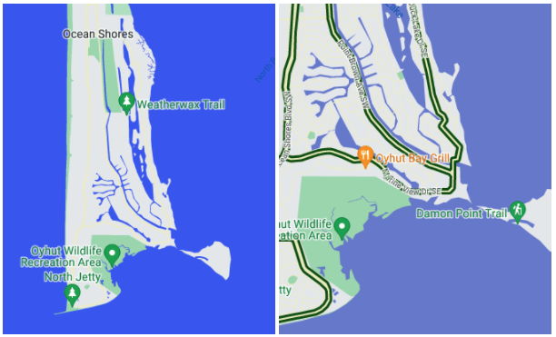 Duas capturas de tela de um mapa personalizado. O lado esquerdo mostra terras rodeadas por água azul meio escura. O lado direito mostra a mesma área no mapa, com zoom ampliado em um nível. A água é de um azul um pouco mais claro do que o mapa à esquerda.