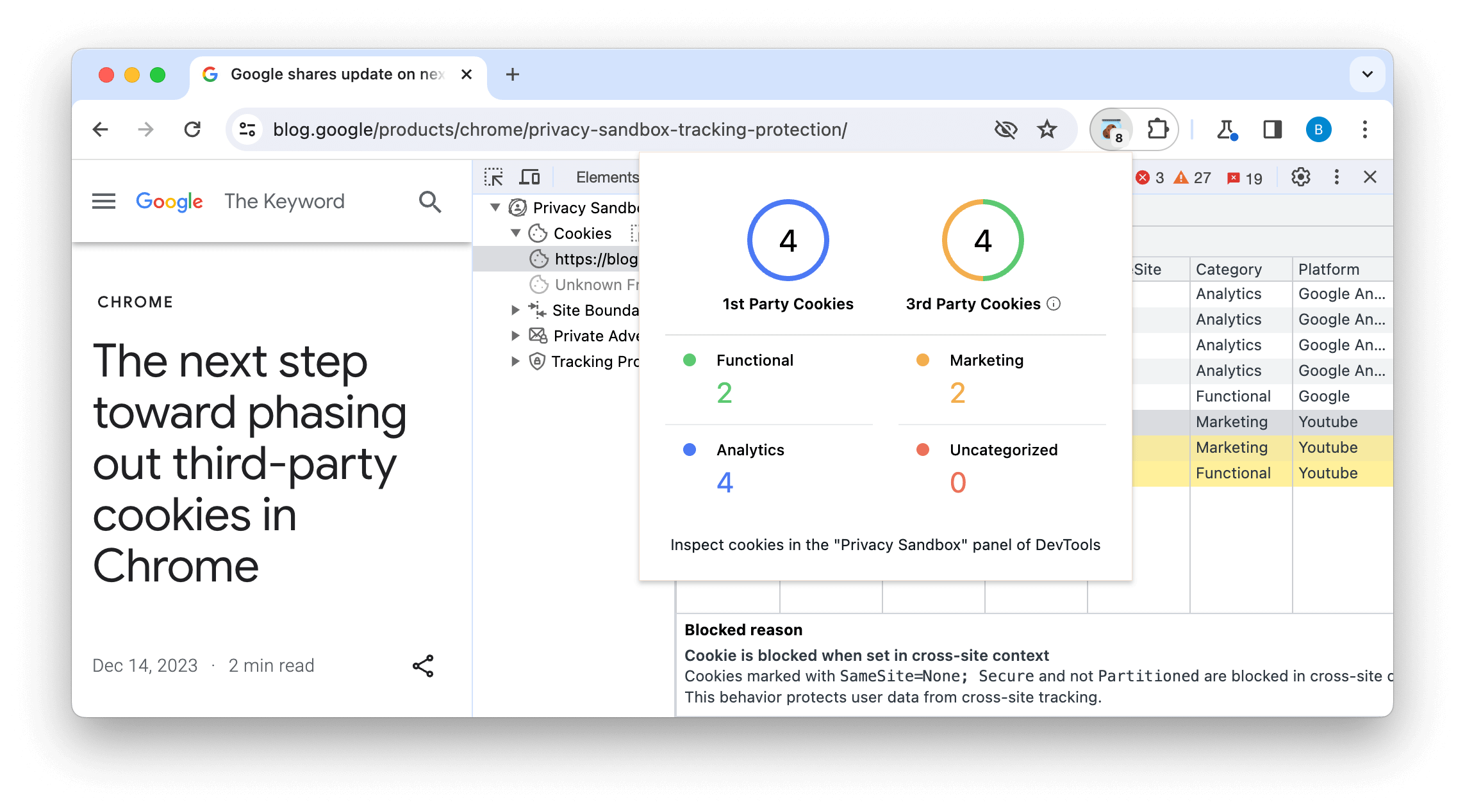 Privacy
  Sandbox Analysis Tool (PSAT) screenshot showing the number and types of cookies
  used in a modal and the list of cookies behind that with the reason they are
  blocked.