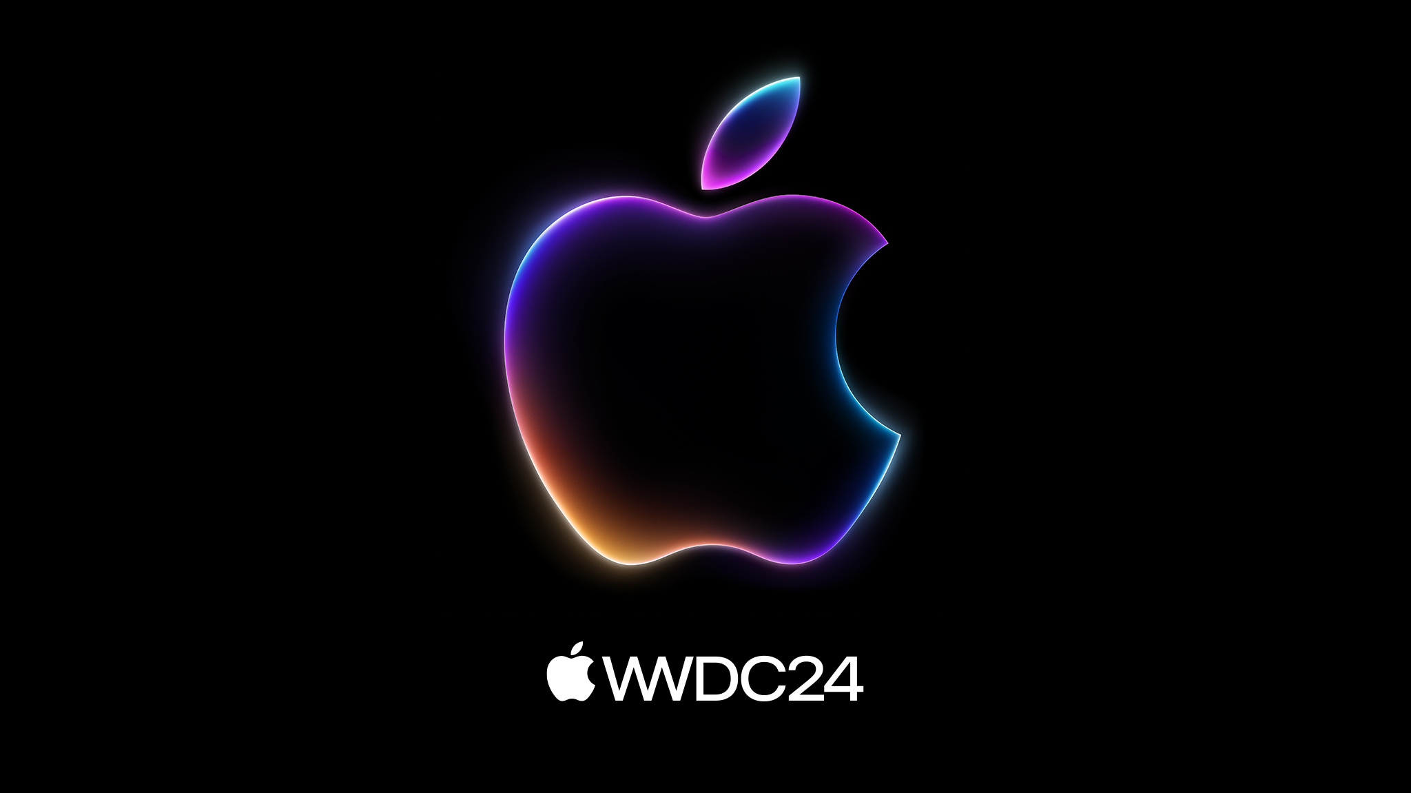 검은색 배경에 빨간색, 보라색, 파란색의 빛나는 그라디언트 효과가 적용된 ‘WWDC24’가 표시되어 있습니다.