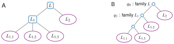 A label n-ary hierarchy (A) can be represented with a binary tree shaping the Wavelet Tree (B).