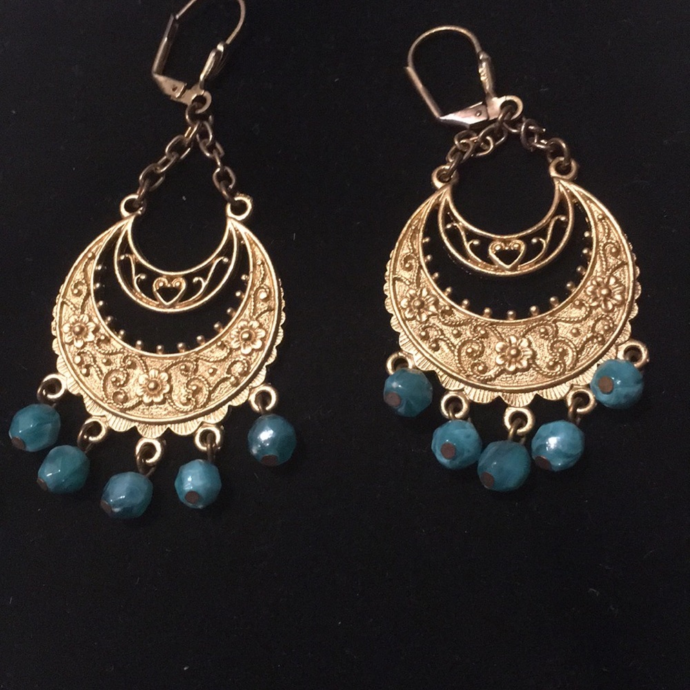 Amazing Vintage Gold Tone Dangle Earrings Turquois - image 2