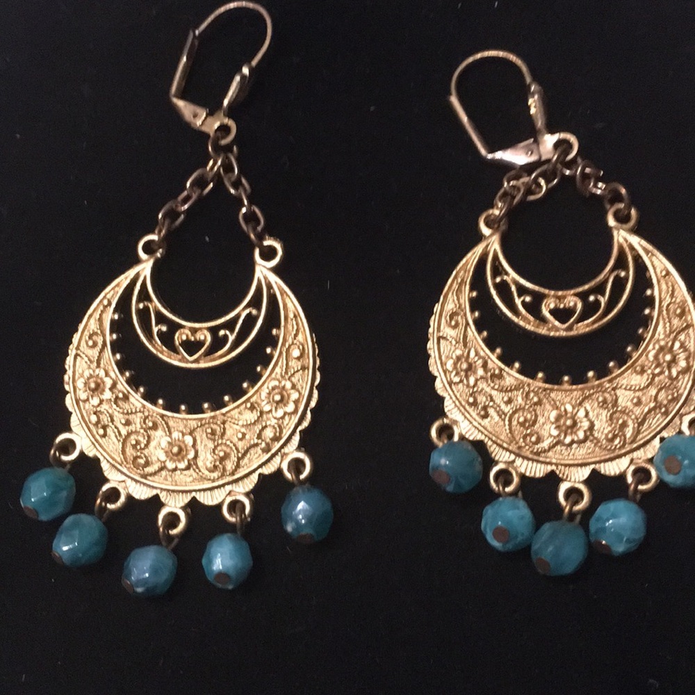 Amazing Vintage Gold Tone Dangle Earrings Turquois - image 3