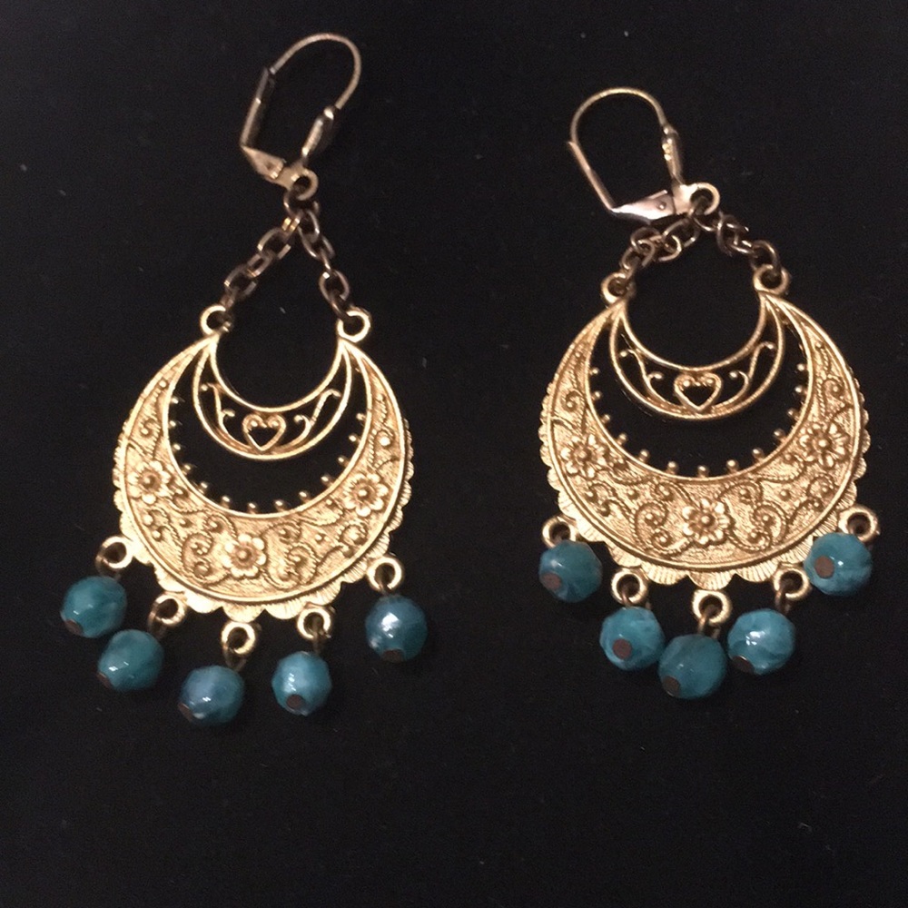 Amazing Vintage Gold Tone Dangle Earrings Turquois - image 4