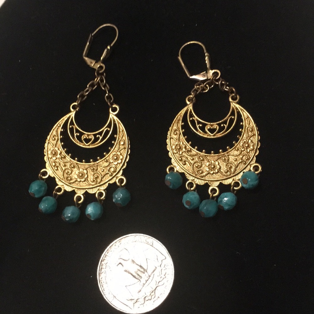 Amazing Vintage Gold Tone Dangle Earrings Turquois - image 5