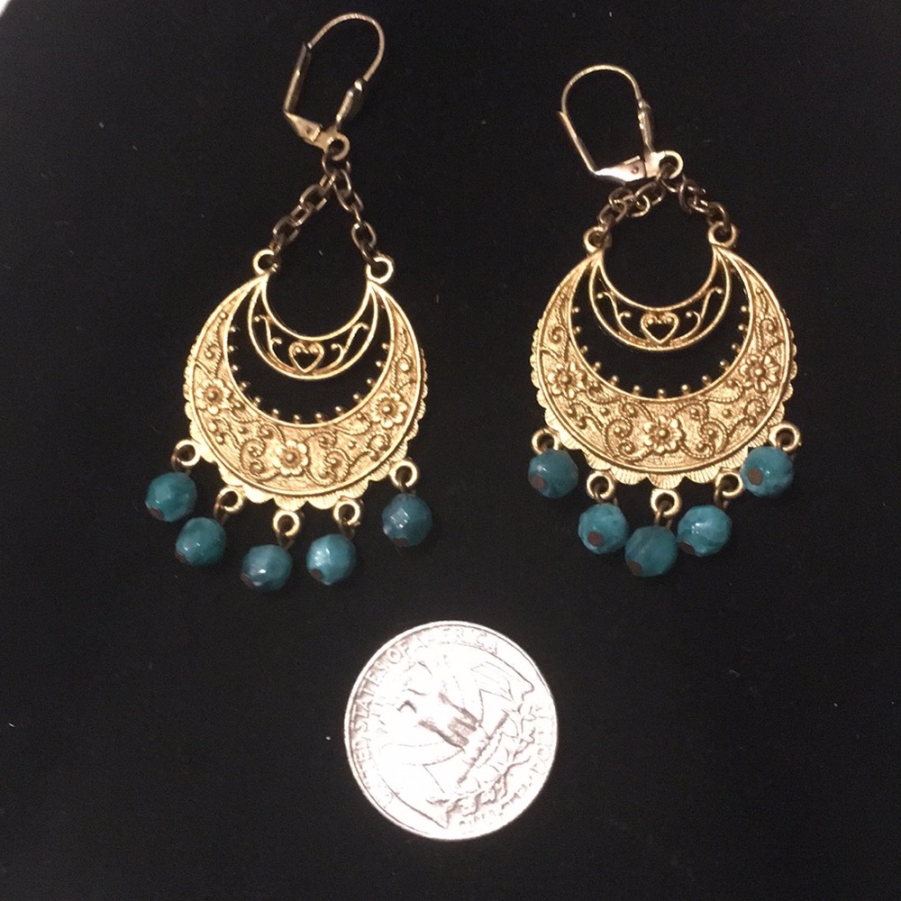 Amazing Vintage Gold Tone Dangle Earrings Turquois - image 6