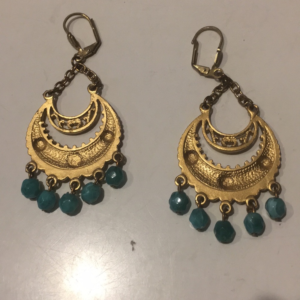 Amazing Vintage Gold Tone Dangle Earrings Turquois - image 7