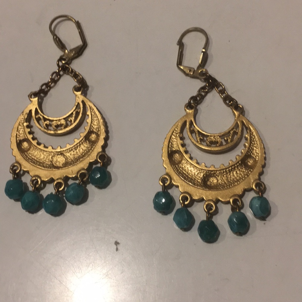 Amazing Vintage Gold Tone Dangle Earrings Turquois - image 8