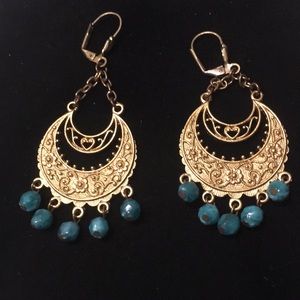 Amazing Vintage Gold Tone Dangle Earrings Turquois - image 1