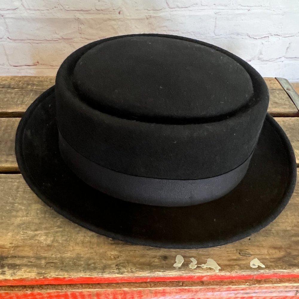 Vtg Wool Pork Pie Black Hat -40's/50's Era -Walte… - image 3