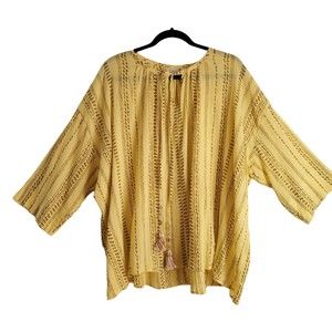 LOGO Sz L Cotton Peasant Blouse Yellow Brown Stripes Tie Neck Shell Tunic Long