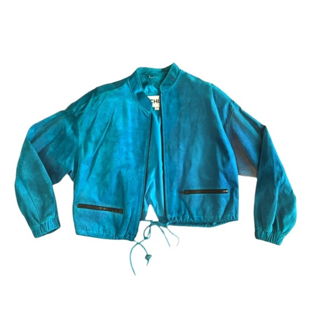 80's 2pc Chia Teal Suede Leather Jacket Shorts Set - image 7